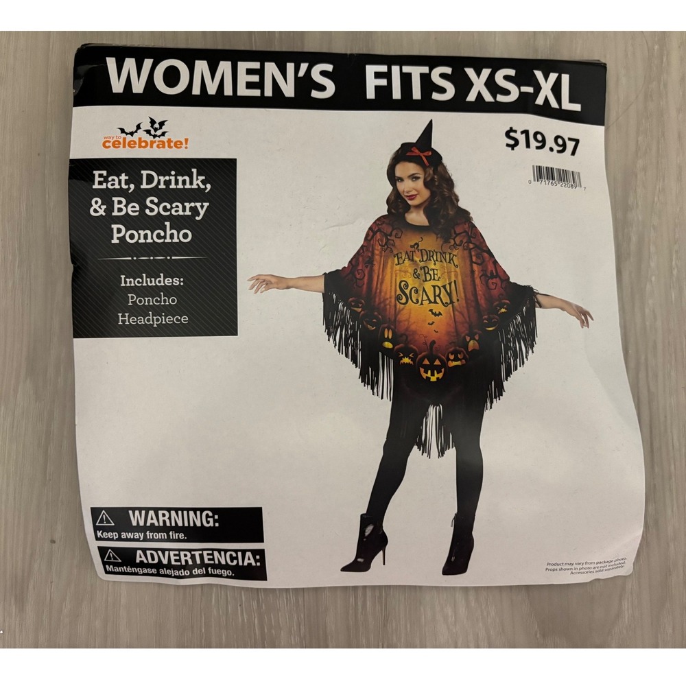Halloween Poncho Eat Drink & Be Scary Poncho Womens Size Fits XS-XL -ONE SIZE